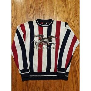 Vintage Structure Sweater Mens XL Red White Blue Striped Eagle USA Patriotic 90s